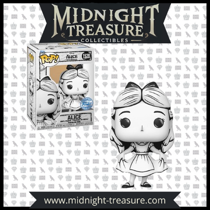 "Funko Pop! Alice in Wonderland – Alice (1528). Alice en version noir et blanc dans sa robe iconique, avec un style sketched unique. Une figurine parfaite pour les fans de Disney et du Pays des Merveilles !"

