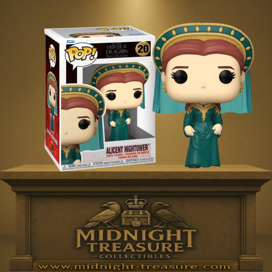 Funko Pop! House of the Dragon – Alicent Hightower (N°20). Alicent en robe émeraude à dorures, voile vert et diadème doré orné de pierres, mains jointes dans une posture royale. Figurine fidèle à la série.