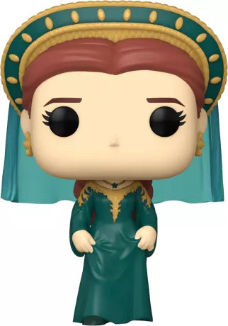 Funko Pop! House of the Dragon – Alicent Hightower (N°20). Alicent en robe émeraude à dorures, voile vert et diadème doré orné de pierres, mains jointes dans une posture royale. Figurine fidèle à la série.