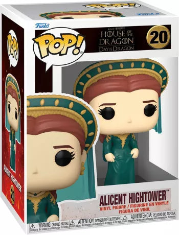 Funko Pop! House of the Dragon – Alicent Hightower (N°20). Alicent en robe émeraude à dorures, voile vert et diadème doré orné de pierres, mains jointes dans une posture royale. Figurine fidèle à la série.
