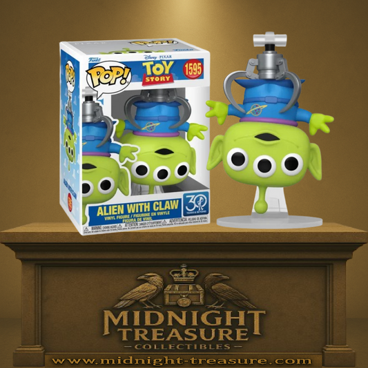Funko Pop! Toy Story – Alien with Claw (N°1595). Figurine de l’Alien vert à trois yeux suspendu par la pince de la machine à jouets. Une pièce culte et humoristique pour les fans de Pixar.