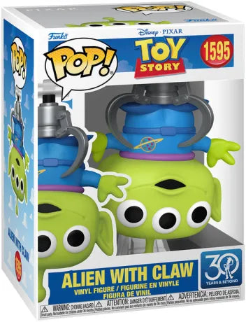 Funko Pop! Toy Story – Alien with Claw (N°1595). Figurine de l’Alien vert à trois yeux suspendu par la pince de la machine à jouets. Une pièce culte et humoristique pour les fans de Pixar.