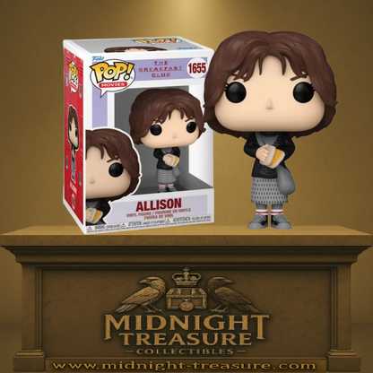 Funko Pop! The Breakfast Club – Allison Reynolds (N°1655). Allison dans son style noir emblématique avec sandwich à la main. Une Pop! nostalgique pour les fans du teen-movie culte des années 80.