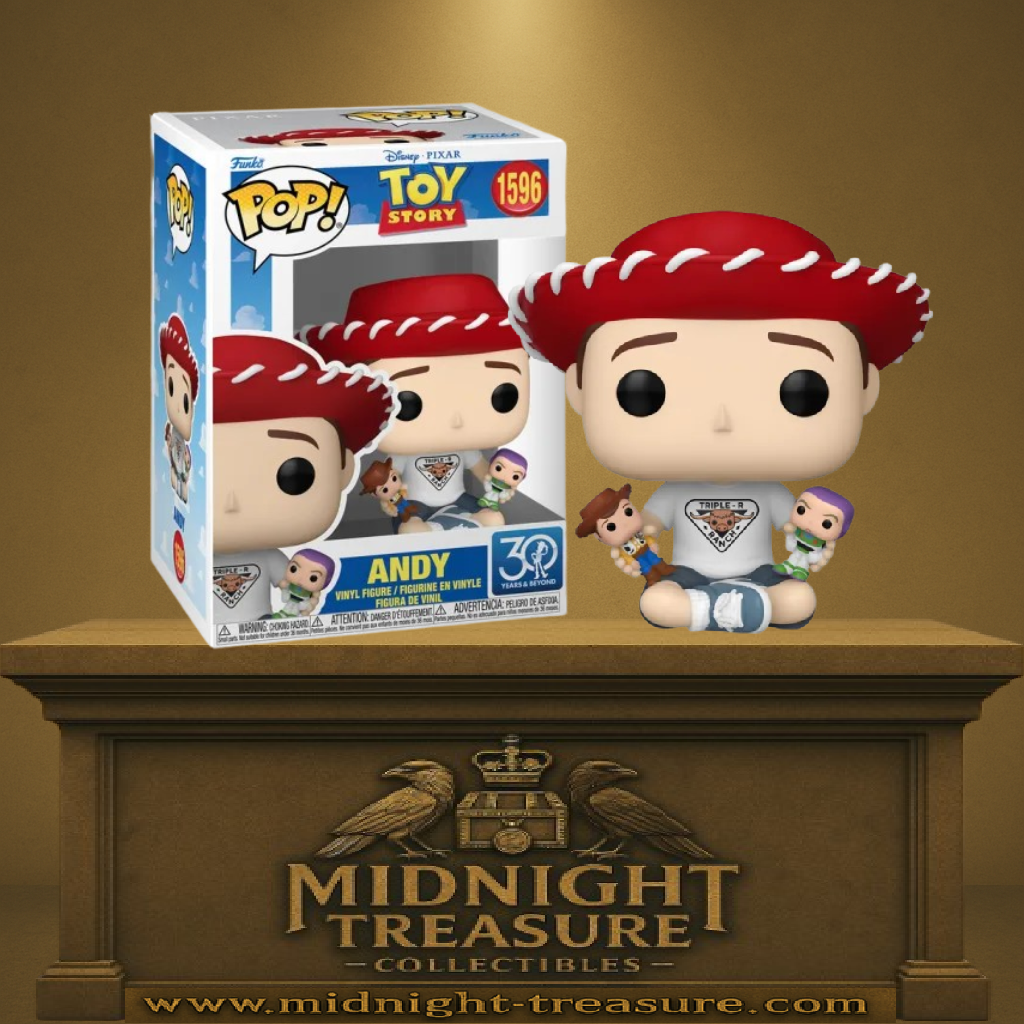 Funko Pop! Toy Story – Andy (N°1596) avec Woody et Buzz. Andy assis avec chapeau rouge, t-shirt Triple-R Ranch, tenant Woody et Buzz miniatures. Figurine Disney Pixar spéciale 30e anniversaire.

