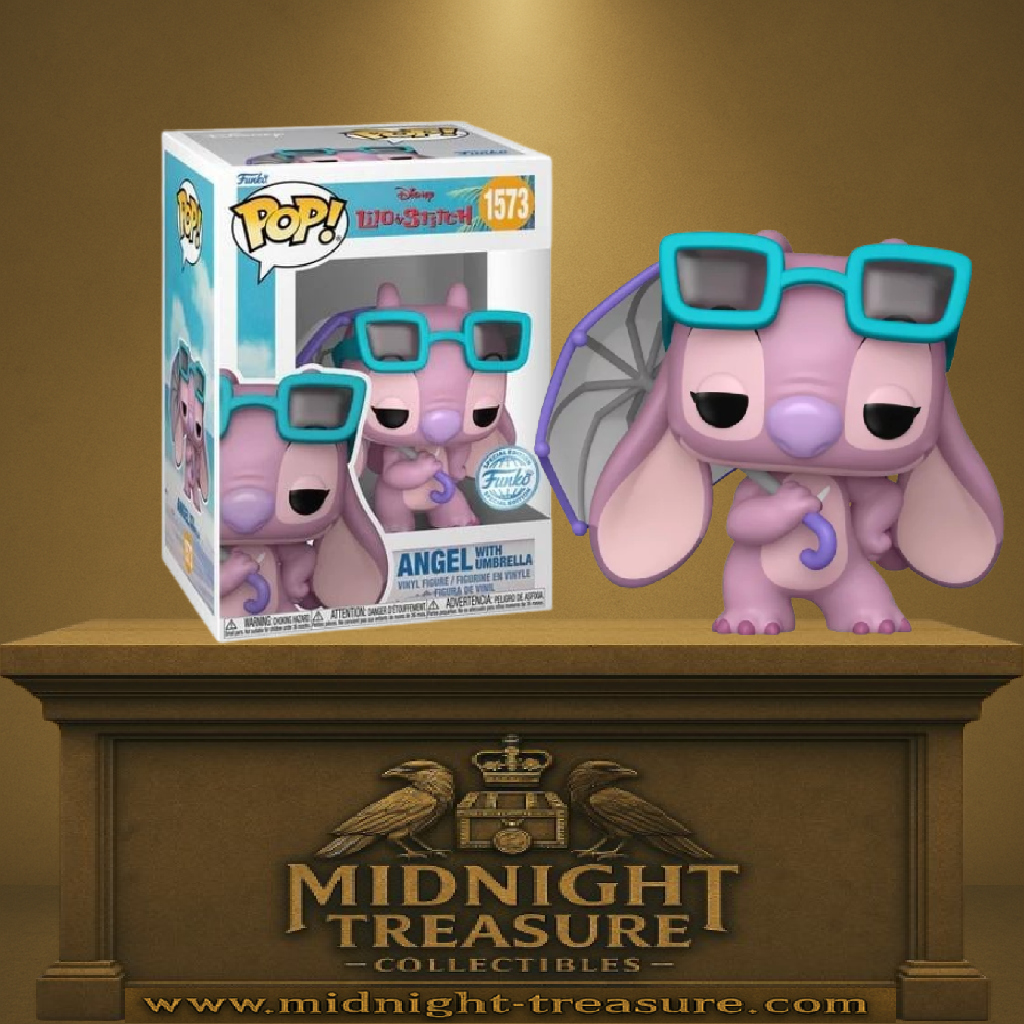 Funko Pop! Lilo & Stitch – Angel with Umbrella (N°1573). Angel avec lunettes turquoise et parapluie violet, posture espiègle et design pastel. Figurine adorable pour les fans Disney.