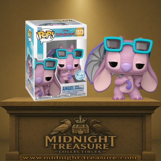 Funko Pop! Lilo & Stitch – Angel with Umbrella (N°1573). Angel avec lunettes turquoise et parapluie violet, posture espiègle et design pastel. Figurine adorable pour les fans Disney.