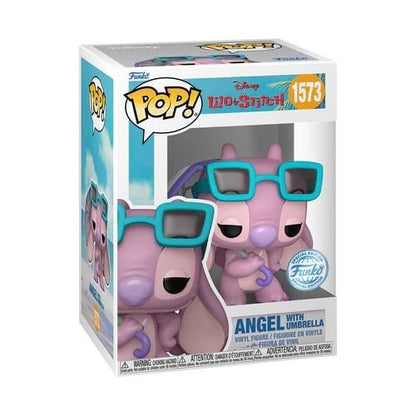 Funko Pop! Lilo & Stitch – Angel with Umbrella (N°1573). Angel avec lunettes turquoise et parapluie violet, posture espiègle et design pastel. Figurine adorable pour les fans Disney.