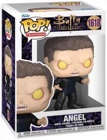 Funko Pop! Buffy contre les Vampires – Angel (Vampire) (N°1618). Vampire aux yeux jaunes et crocs acérés, en manteau noir. Une figurine culte pour les fans de la série Buffy.

