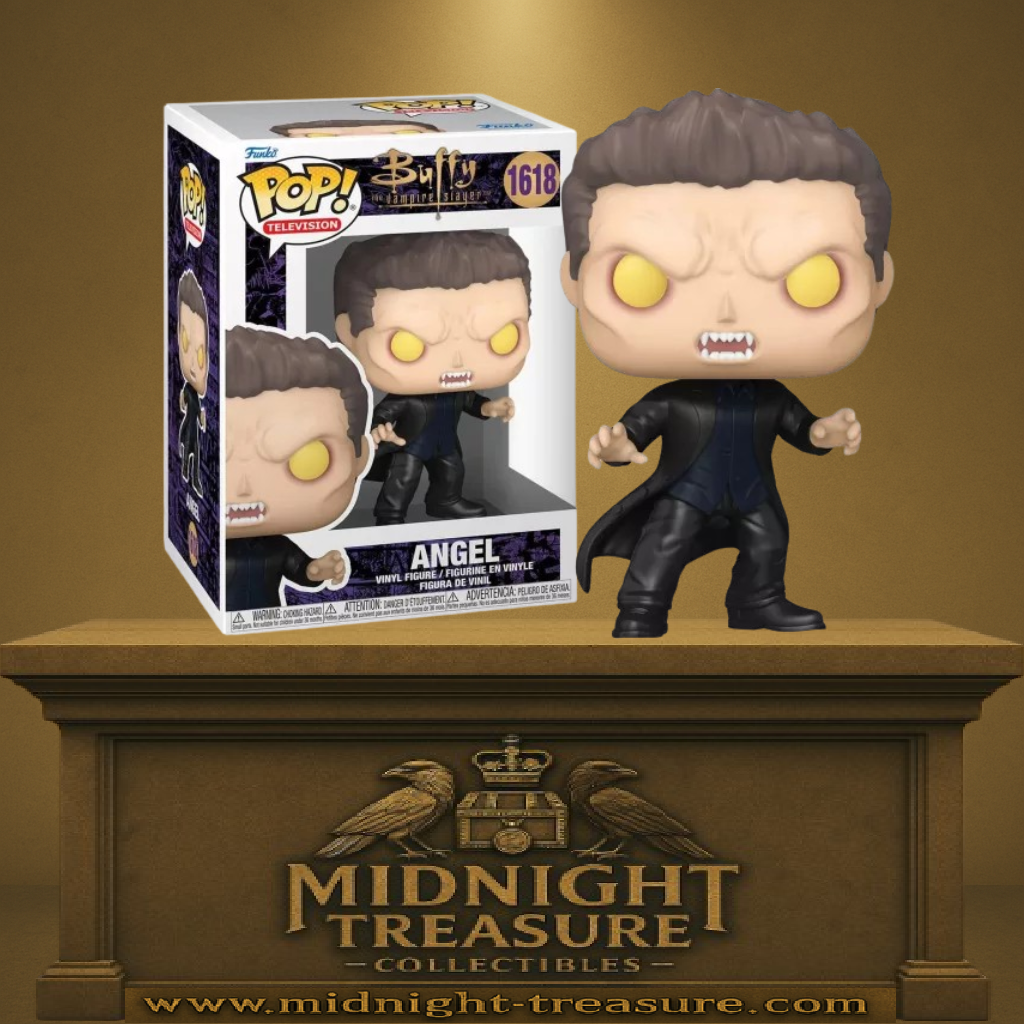 Funko Pop! Buffy contre les Vampires – Angel (Vampire) (N°1618). Vampire aux yeux jaunes et crocs acérés, en manteau noir. Une figurine culte pour les fans de la série Buffy.

