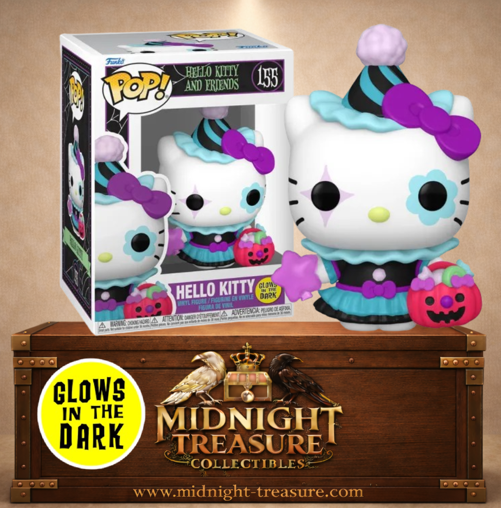 Funko Pop! Animation N°155 – Hello Kitty Spooky en costume de clown d'Halloween avec seau à bonbons, version Glow in the Dark.