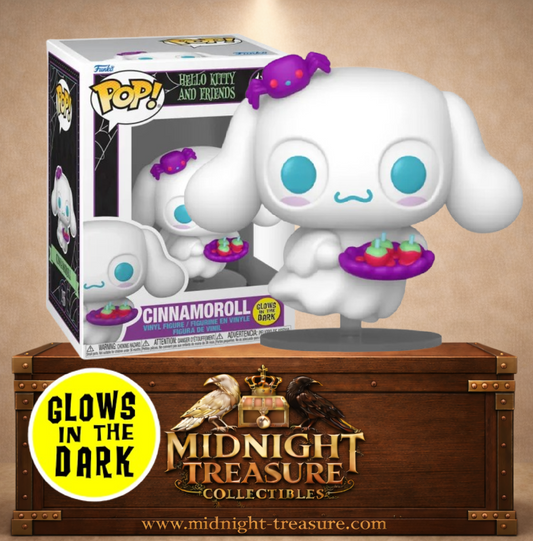 Funko Pop! Animation N°156 – Cinnamoroll Spooky en petit fantôme avec bonbons, version Glow in the Dark de Hello Kitty and Friends.