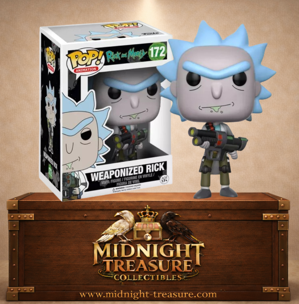 Funko Pop! Animation N°172 – Weaponized Rick (Rick armé) de Rick and Morty avec tenue de combat et imposante arme futuriste à double canon.