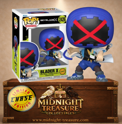 Funko Pop! Animation N°2426 – Blader X, variante Chase de Jaxon Cross avec son masque bleu au X rouge, inspirée de Beyblade X.