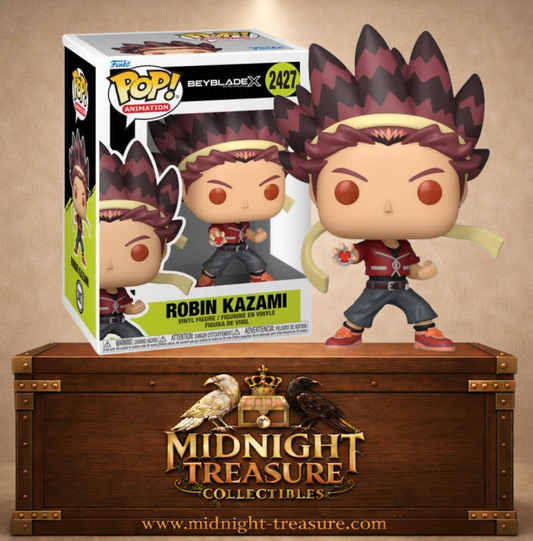 Funko Pop! Animation N°2427 – Robin Kazami de Beyblade X prêt à lancer son Beyblade avec son bandeau jaune.