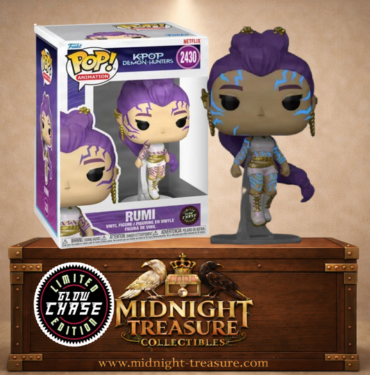 Funko Pop! Animation N°2430 – Rumi Glow Chase (What It Sounds Like) avec marques démoniaques phosphorescentes dans KPop Demon Hunters.