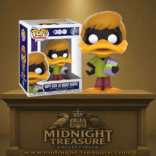 Funko Pop! Animation – Daffy Duck as Shaggy Rogers (1240). Daffy déguisé en Shaggy avec sa boîte de Scooby Snacks. Un crossover collector entre Looney Tunes et Scooby-Doo pour les 100 ans de Warner Bros."