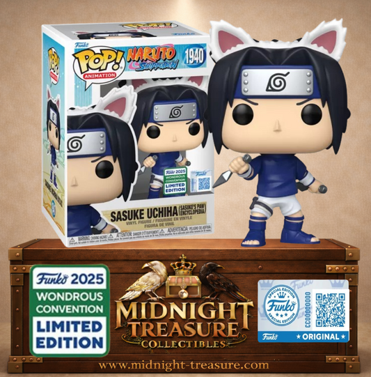 Funko Pop! Naruto Shippuden 1940 – Sasuke Uchiha (Sasuke’s Paw Encyclopedia). Figurine exclusive Wondrous Convention avec oreilles de chat. Un clin d’œil original pour les fans de Sasuke et de Naruto.