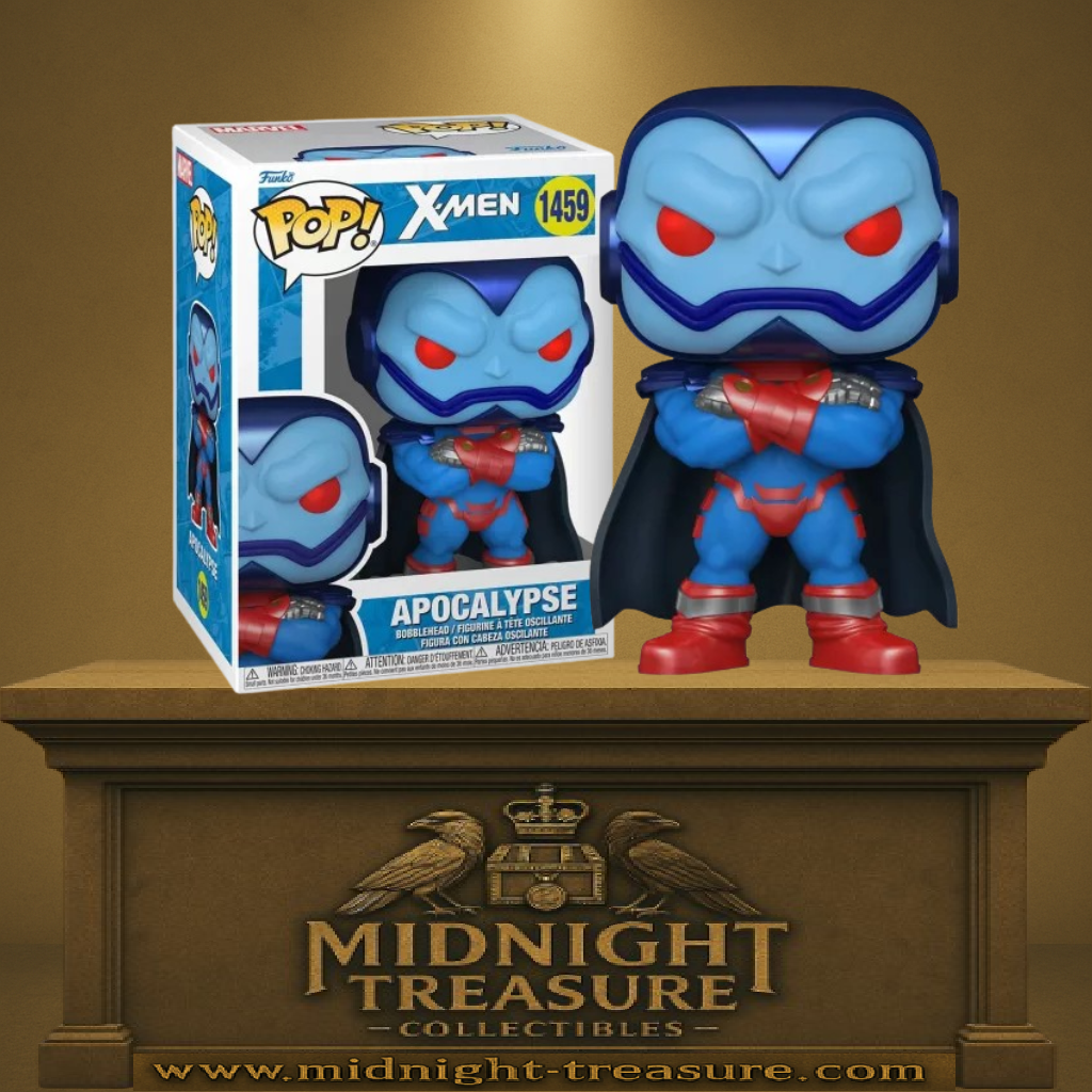 Funko Pop! X-Men – Apocalypse (N°1459). Figurine imposante avec peau bleue, yeux rouges et armure futuriste, bras croisés et cape sombre. Une pièce culte pour les fans de Marvel et des mutants.