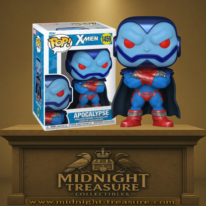 Funko Pop! X-Men – Apocalypse (N°1459). Figurine imposante avec peau bleue, yeux rouges et armure futuriste, bras croisés et cape sombre. Une pièce culte pour les fans de Marvel et des mutants.