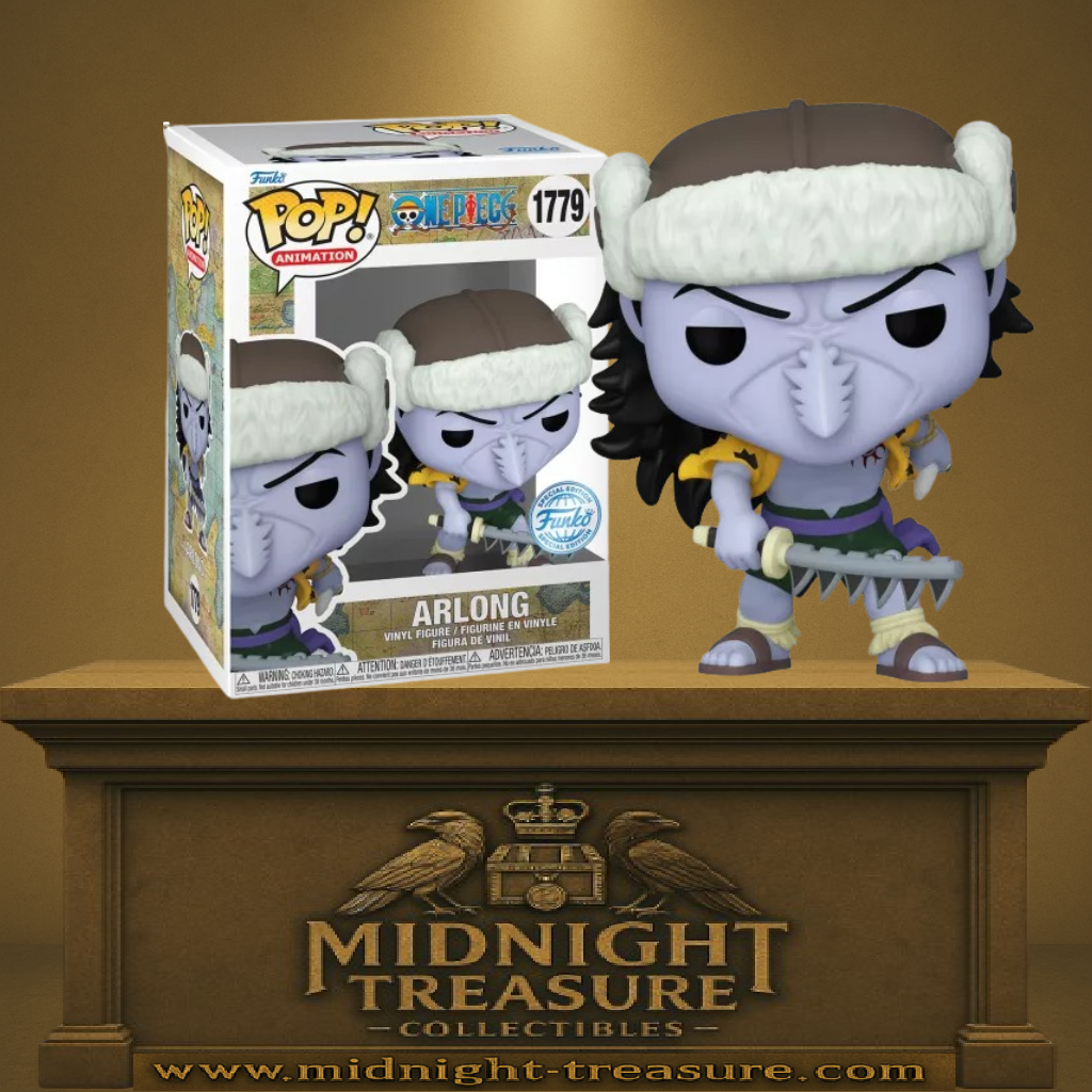 "Funko Pop! One Piece 1779 - Arlong. Figurine exclusive représentant Arlong, l'homme-poisson requin-scie, avec son épée en forme de scie et son look emblématique. Une pièce de collection rare avec sticker Special Edition, idéale pour les fans de One Piece."