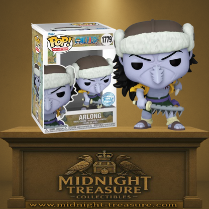 "Funko Pop! One Piece 1779 - Arlong. Figurine exclusive représentant Arlong, l'homme-poisson requin-scie, avec son épée en forme de scie et son look emblématique. Une pièce de collection rare avec sticker Special Edition, idéale pour les fans de One Piece."