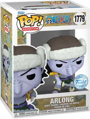 "Funko Pop! One Piece 1779 - Arlong. Figurine exclusive représentant Arlong, l'homme-poisson requin-scie, avec son épée en forme de scie et son look emblématique. Une pièce de collection rare avec sticker Special Edition, idéale pour les fans de One Piece."