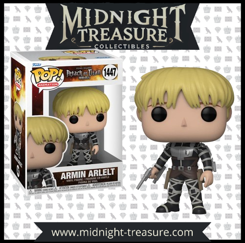 Funko Pop! Armin Arlert (1447), cheveux blonds, combinaison noire avec harnais, tenant un pistolet, uniforme de l’Unité d’Intervention du Bataillon d’Exploration. Inspiré de l’anime Attack on Titan – Final Season.