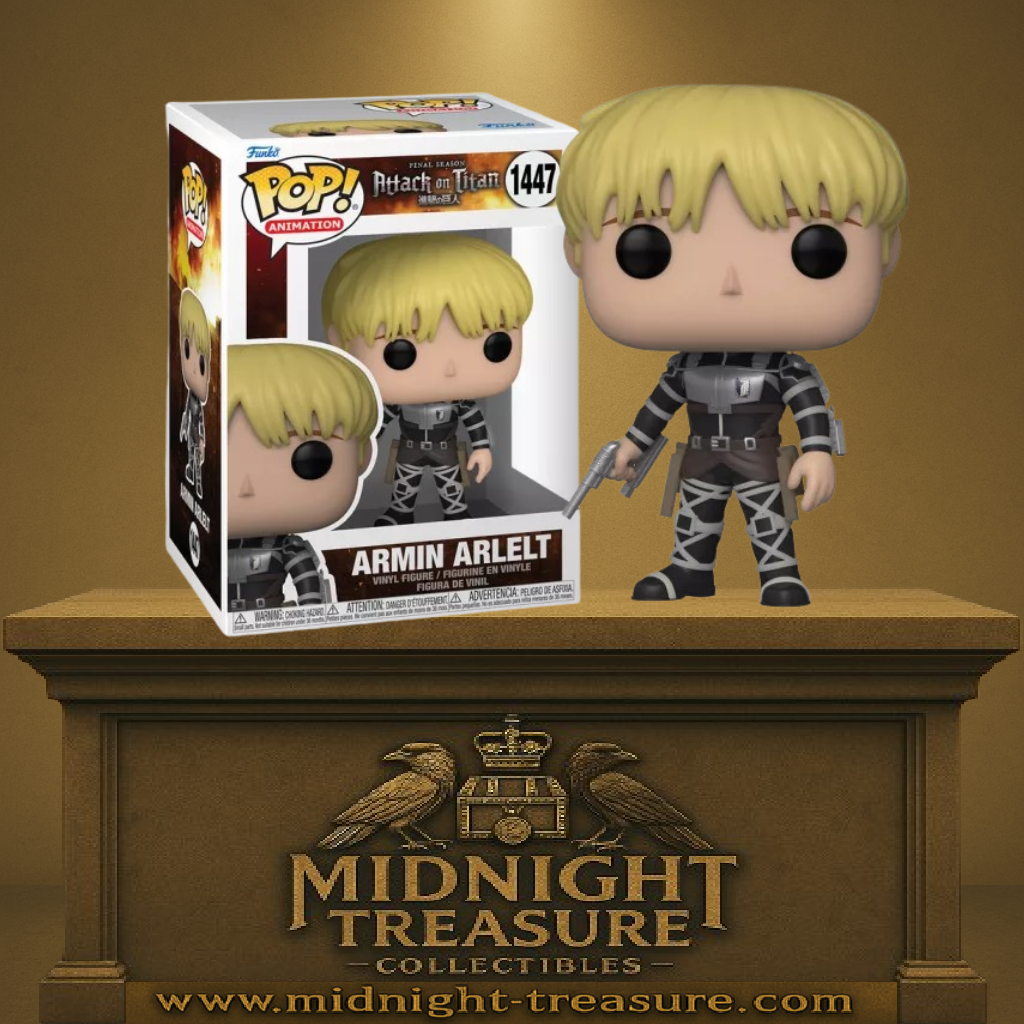Funko Pop! Armin Arlert (1447), cheveux blonds, combinaison noire avec harnais, tenant un pistolet, uniforme de l’Unité d’Intervention du Bataillon d’Exploration. Inspiré de l’anime Attack on Titan – Final Season.