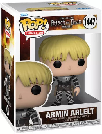 Funko Pop! Armin Arlert (1447), cheveux blonds, combinaison noire avec harnais, tenant un pistolet, uniforme de l’Unité d’Intervention du Bataillon d’Exploration. Inspiré de l’anime Attack on Titan – Final Season.