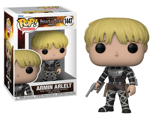 Funko Pop! Armin Arlert (1447), cheveux blonds, combinaison noire avec harnais, tenant un pistolet, uniforme de l’Unité d’Intervention du Bataillon d’Exploration. Inspiré de l’anime Attack on Titan – Final Season.