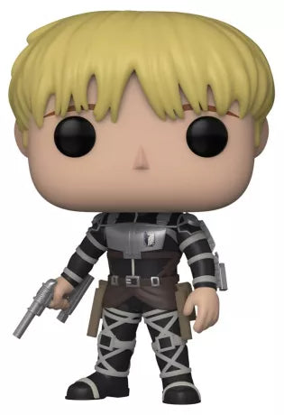 Funko Pop! Armin Arlert (1447), cheveux blonds, combinaison noire avec harnais, tenant un pistolet, uniforme de l’Unité d’Intervention du Bataillon d’Exploration. Inspiré de l’anime Attack on Titan – Final Season.