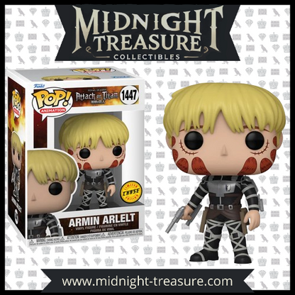  Funko Pop! Armin Arlert (1447) Chase Edition, avec marques de brûlure titanesques, uniforme noir, harnais ODM et pistolet en main. Inspiré de l’anime Attack on Titan – Final Season.