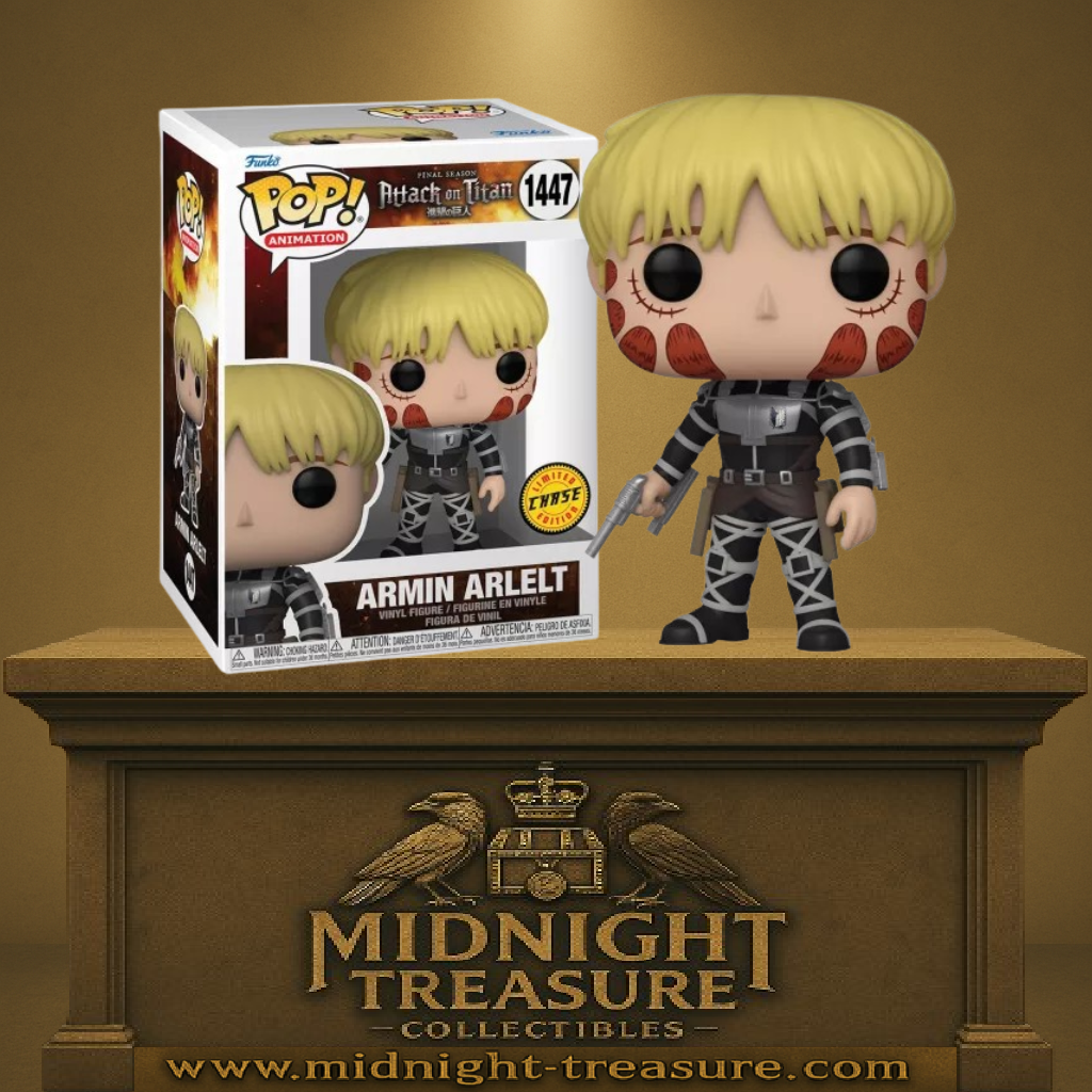 Funko Pop! Attack on Titan – Armin Arlert (Chase) (N°1447). Armin en uniforme avec transformation Titan Colossal partielle et grappin. Une version rare et puissante de la saison finale.