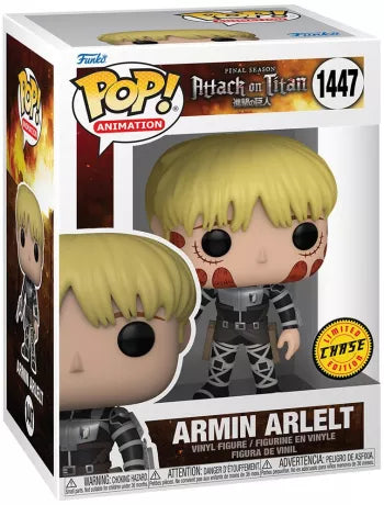  Funko Pop! Armin Arlert (1447) Chase Edition, avec marques de brûlure titanesques, uniforme noir, harnais ODM et pistolet en main. Inspiré de l’anime Attack on Titan – Final Season.