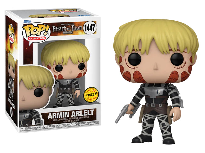  Funko Pop! Armin Arlert (1447) Chase Edition, avec marques de brûlure titanesques, uniforme noir, harnais ODM et pistolet en main. Inspiré de l’anime Attack on Titan – Final Season.