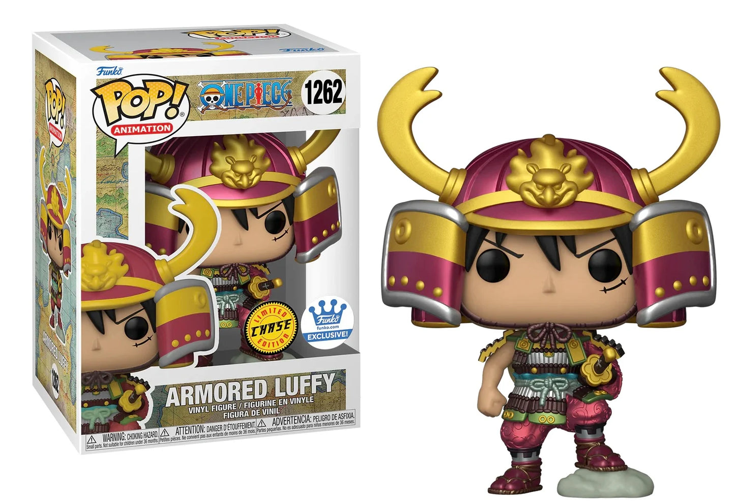 Funko Pop! Armored Luffy (1262) Chase Edition, figurine exclusive de One Piece représentant Luffy en armure de samouraï avec un casque rouge et or, une armure détaillée et un katana, fidèle à son apparence dans l'arc Wano.