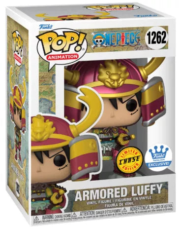 Funko Pop! Armored Luffy (1262) Chase Edition, figurine exclusive de One Piece représentant Luffy en armure de samouraï avec un casque rouge et or, une armure détaillée et un katana, fidèle à son apparence dans l'arc Wano.