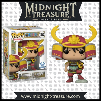 Funko Pop! Armored Luffy (1262), figurine exclusive de One Piece représentant Luffy en armure de samouraï, avec un casque rouge orné de cornes dorées, une armure détaillée et un katana, fidèle à son apparence dans l'arc Wano.