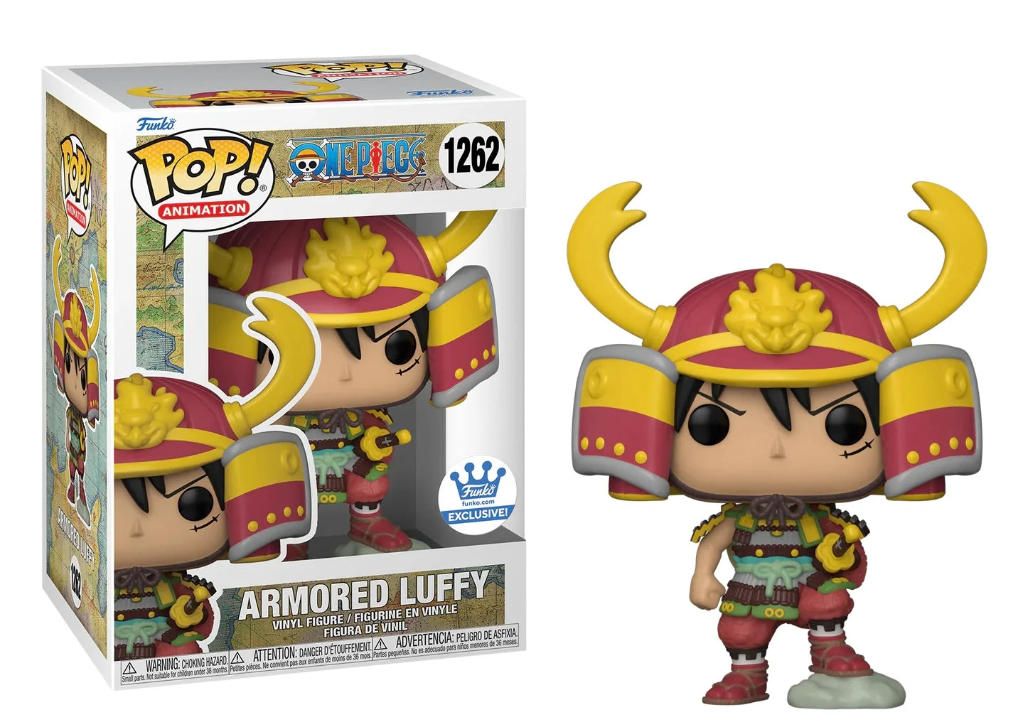 Funko Pop! Armored Luffy (1262), figurine exclusive de One Piece représentant Luffy en armure de samouraï, avec un casque rouge orné de cornes dorées, une armure détaillée et un katana, fidèle à son apparence dans l'arc Wano.