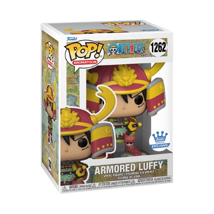 Funko Pop! Armored Luffy (1262), figurine exclusive de One Piece représentant Luffy en armure de samouraï, avec un casque rouge orné de cornes dorées, une armure détaillée et un katana, fidèle à son apparence dans l'arc Wano.