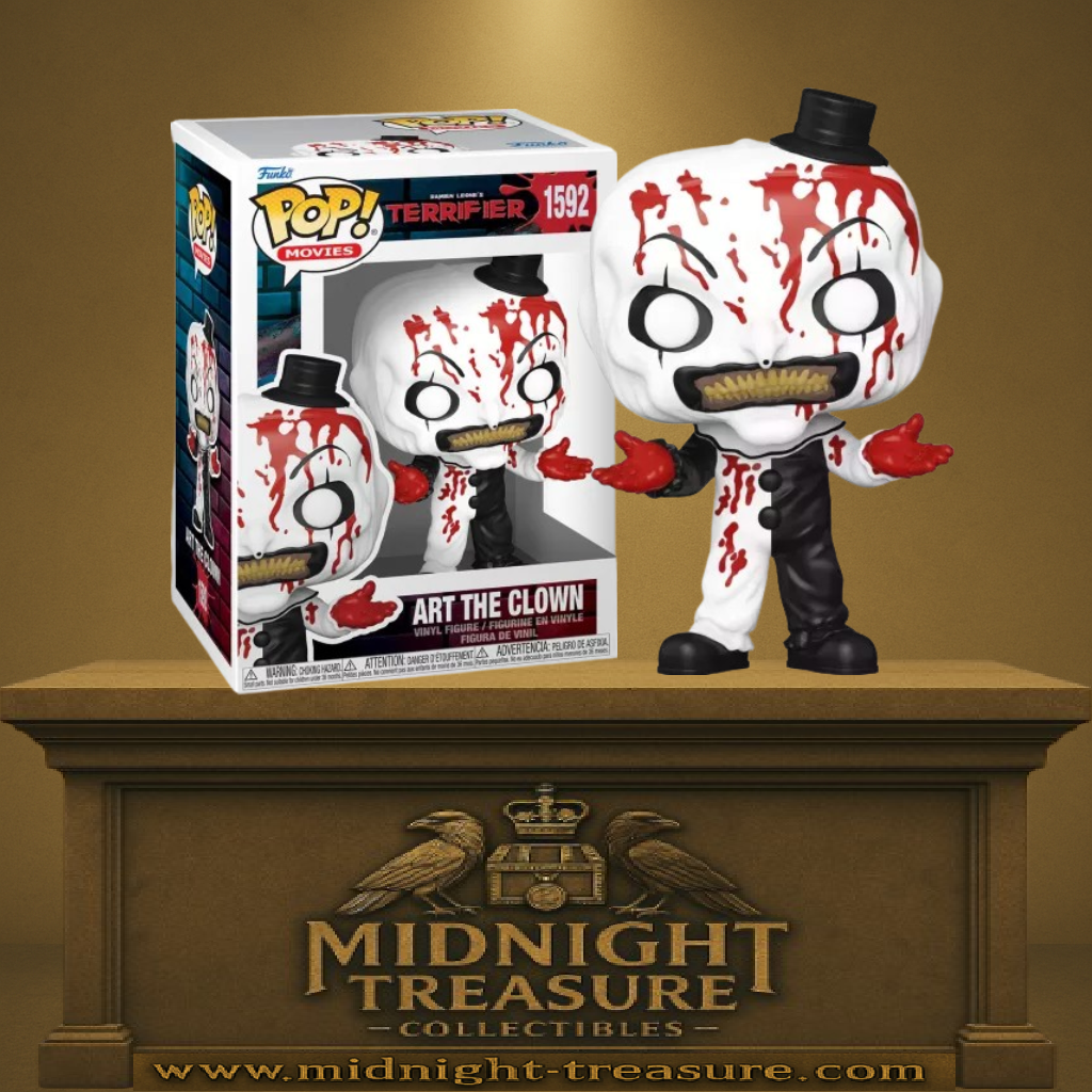 Funko Pop! Terrifier – Art the Clown (N°1592) version ensanglantée. Tenue noir et blanc, visage éclaboussé de sang, gants rouges dégoulinants. Figurine d’horreur réaliste pour collectionneurs avertis.

