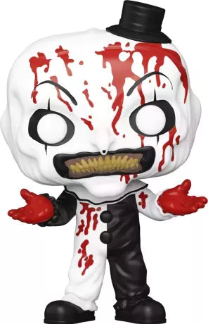 Funko Pop! Terrifier – Art the Clown (N°1592) version ensanglantée. Tenue noir et blanc, visage éclaboussé de sang, gants rouges dégoulinants. Figurine d’horreur réaliste pour collectionneurs avertis.

