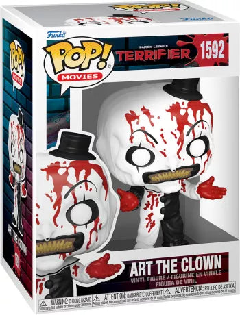 Funko Pop! Terrifier – Art the Clown (N°1592) version ensanglantée. Tenue noir et blanc, visage éclaboussé de sang, gants rouges dégoulinants. Figurine d’horreur réaliste pour collectionneurs avertis.

