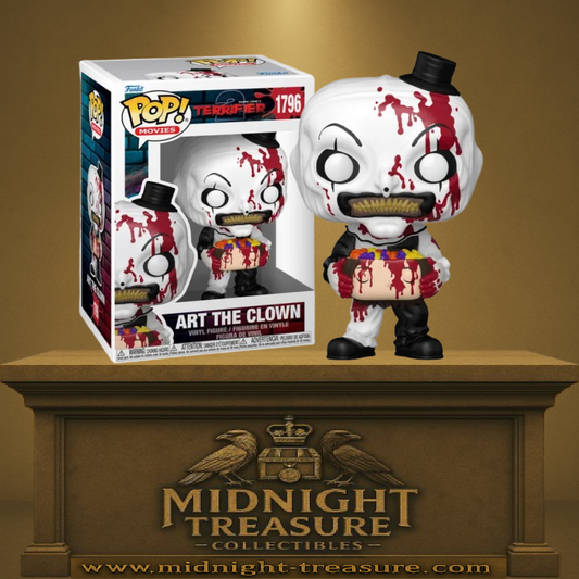 Funko Pop! Terrifier – Art the Clown (Ensanglanté) (N°1796). Clown noir et blanc ensanglanté tenant une tête coupée transformée en boîte à bonbons. Une figurine gore et unique pour les fans d’horreur extrême.

