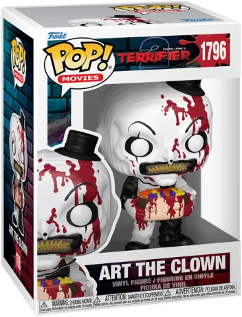 Funko Pop! Terrifier – Art the Clown (Ensanglanté) (N°1796). Clown noir et blanc ensanglanté tenant une tête coupée transformée en boîte à bonbons. Une figurine gore et unique pour les fans d’horreur extrême.

