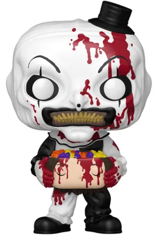 Funko Pop! Terrifier – Art the Clown (Ensanglanté) (N°1796). Clown noir et blanc ensanglanté tenant une tête coupée transformée en boîte à bonbons. Une figurine gore et unique pour les fans d’horreur extrême.

