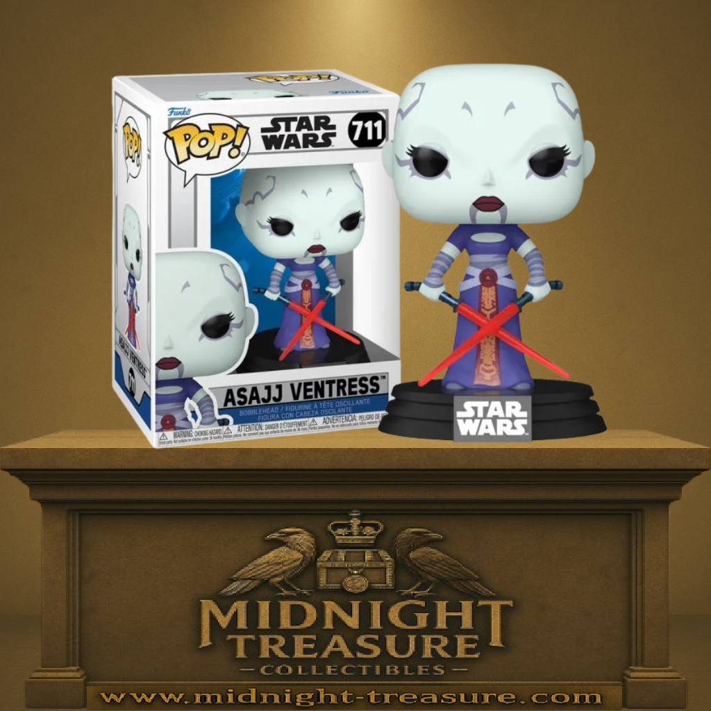 Funko Pop! Star Wars – Asajj Ventress (N°711) avec ses deux sabres laser rouges croisés.
