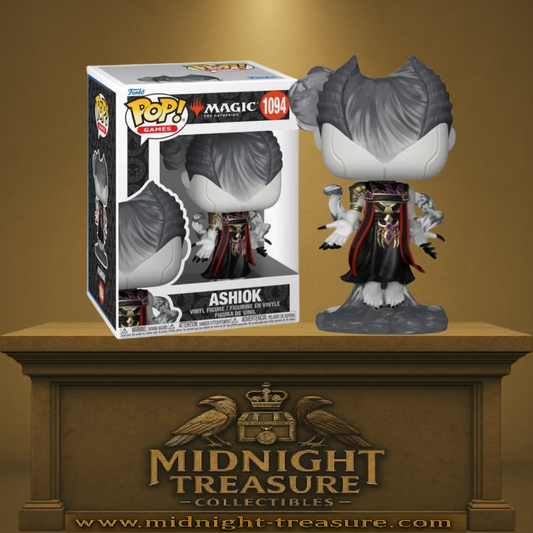 Funko Pop! Magic: The Gathering – Ashiok (N°1094). Figurine du planeswalker sans visage, chevelure éthérée, tenue noire ornée de dorures et pierres violettes. Une pièce sombre et incontournable pour les fans de Magic.