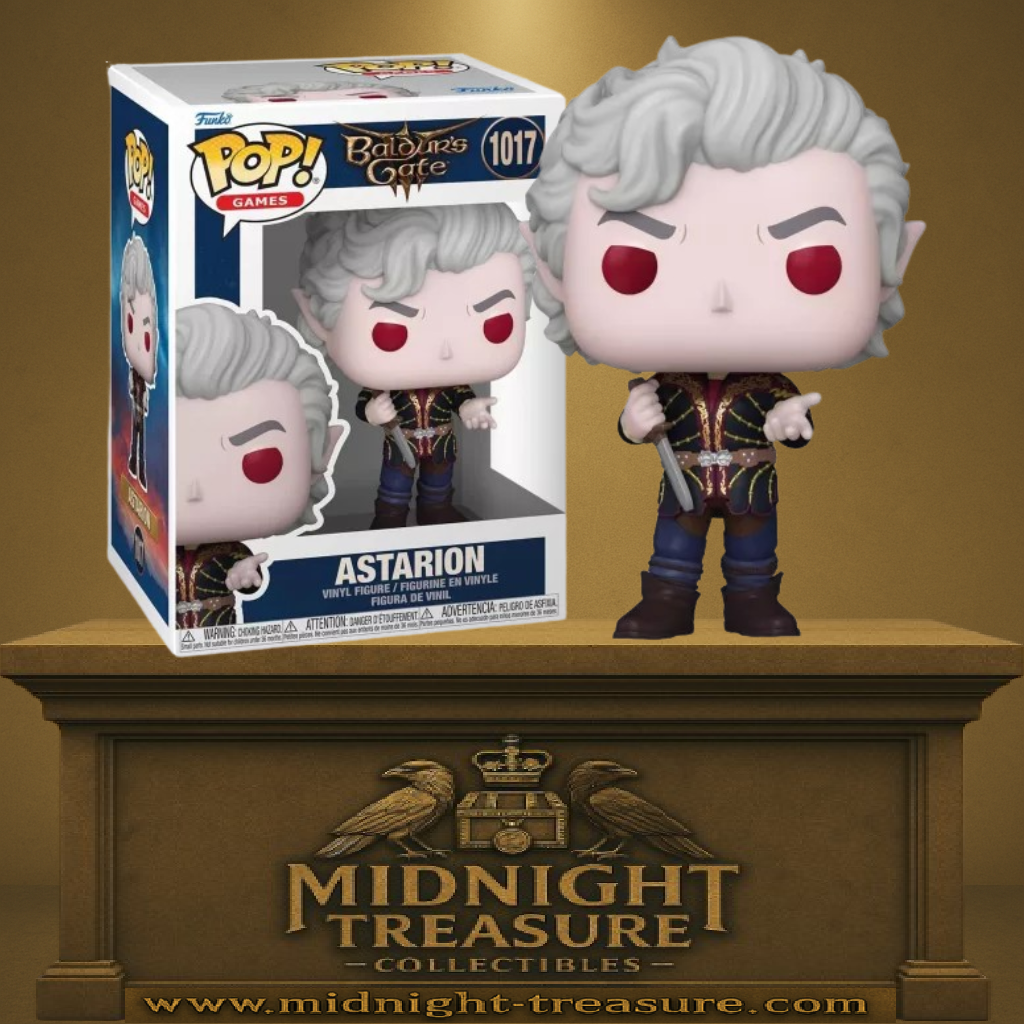Funko Pop! Baldur’s Gate – Astarion (N°1017). Figurine représentant Astarion avec ses cheveux argentés, ses yeux rouges et sa dague. Un compagnon culte et charismatique pour les fans de Baldur’s Gate III.
