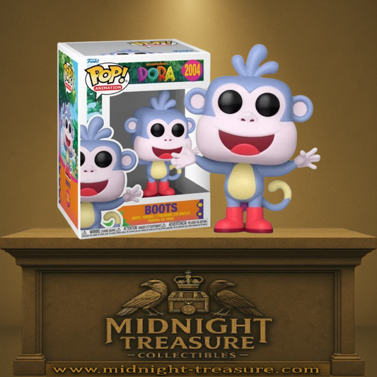 Funko Pop! Dora the Explorer – Babouche (N°2004). Singe violet clair avec visage rose, ventre jaune et bottes rouges iconiques, les bras ouverts avec un large sourire. Figurine joyeuse et fidèle au personnage.

